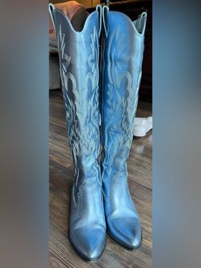 Jeffrey Campbell Tall Metallic Blue Western Cowboy Boots, size 6 (women’s)